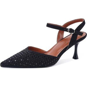 Women's Black-Rhinestone Slingback Pointed Toe Stiletto Buckle Strap Low Heel